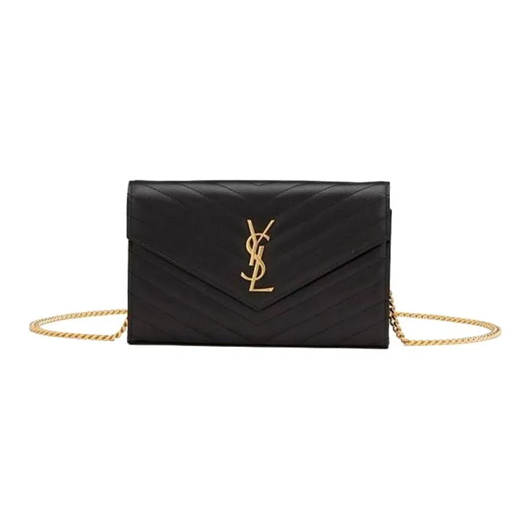 SAINT LAURENT Monogram Chain Wallet Matelasse Grain De Poudre Gold tone Black