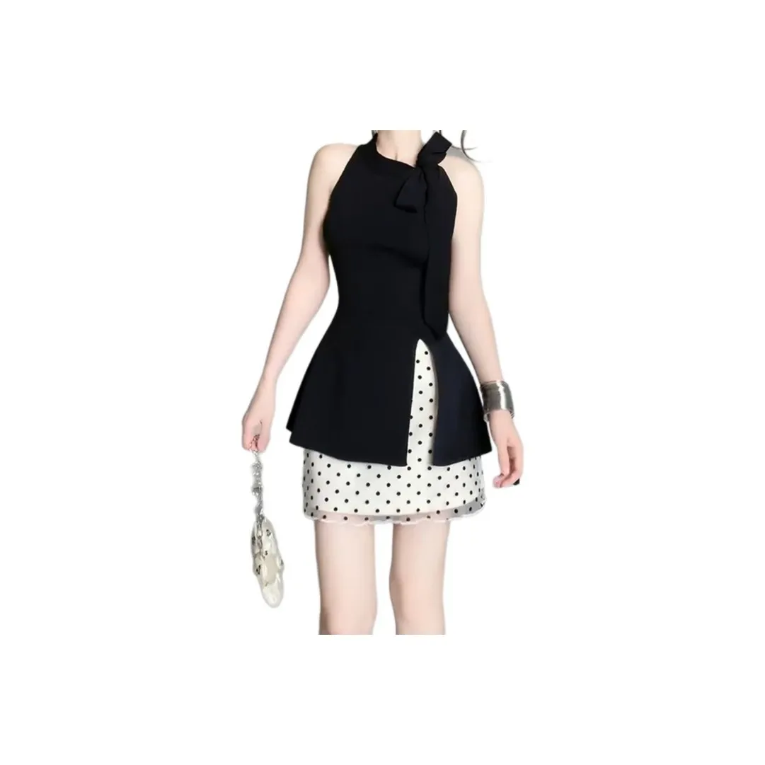 YINLEI Черный топ + Марля Гороховый узор Комплект с юбкой Женские Комплекты с юбкой