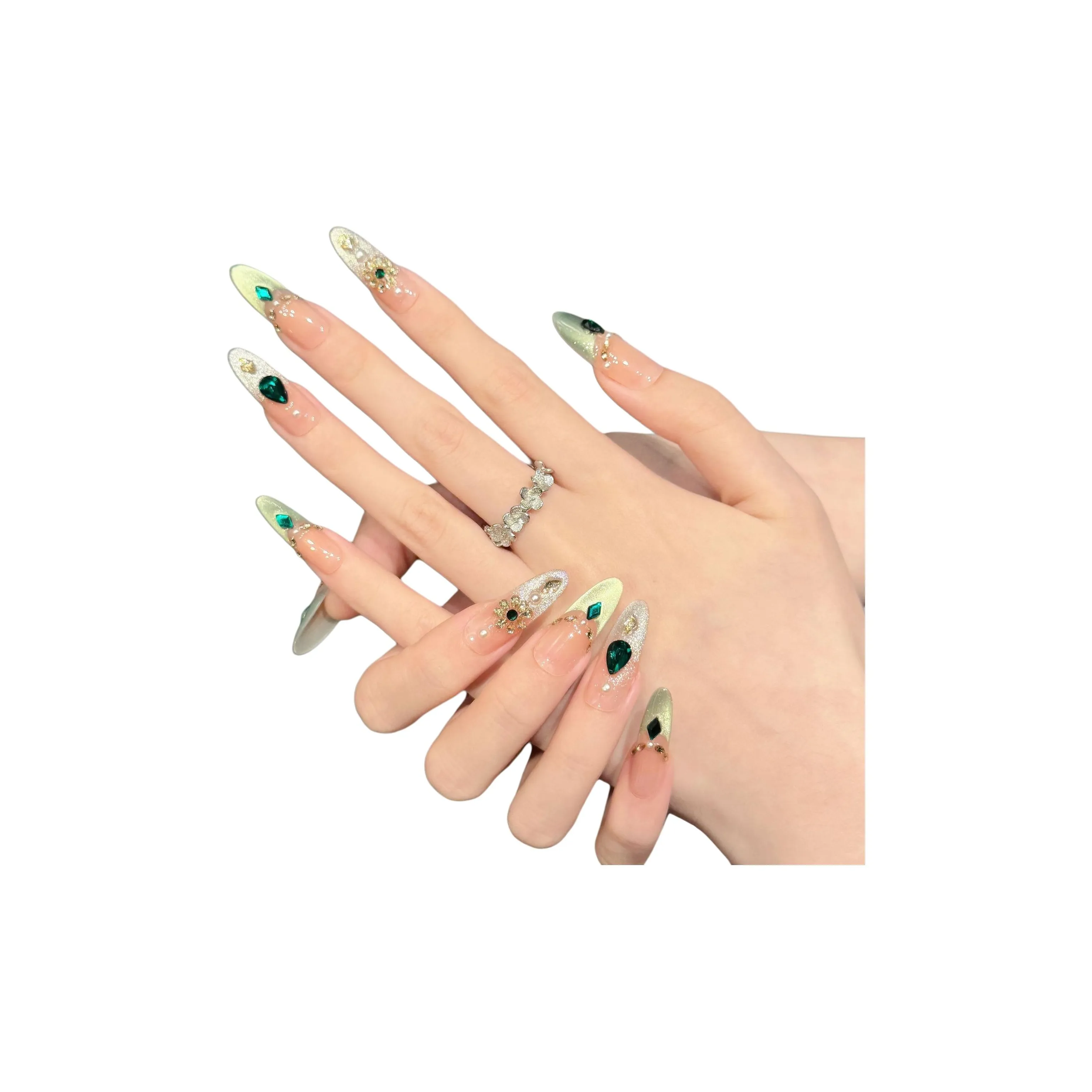 KDOW Версаль Дворцовый Роскошь Винтаж Изумруды Дворцовый стиль Позолоченный Кошачий глаз Ручная работа Искусственные Ногти Овал Розовый Румяна Стойкий