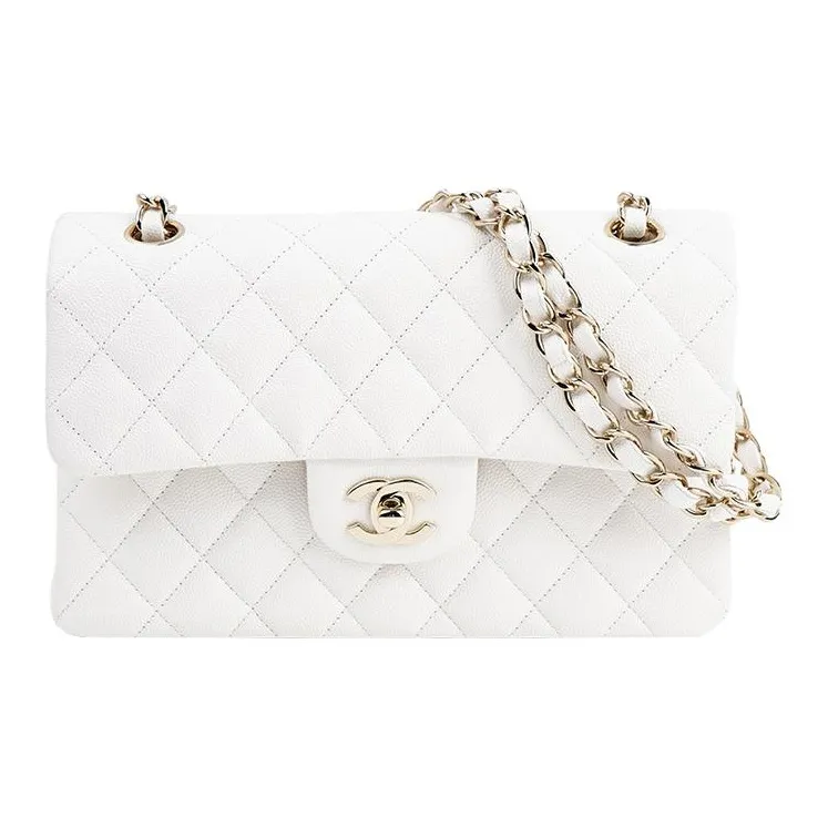 CHANEL Classic Flap CF Grain Embossed Cow Leather Flap Bag, Shoulder Bag, Crossbody Bag Trumpets Women's White