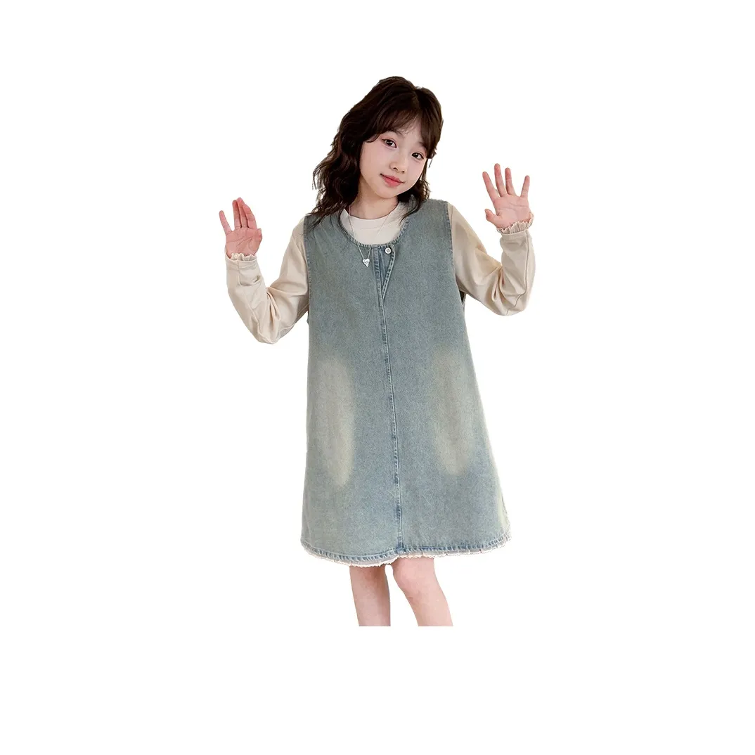 TAOTIANMAO Женский Индивидуальный Деним Сарафан с Кружевом Рукавов T-Рубашка Двухкомпонентный Комплект с Юбкой