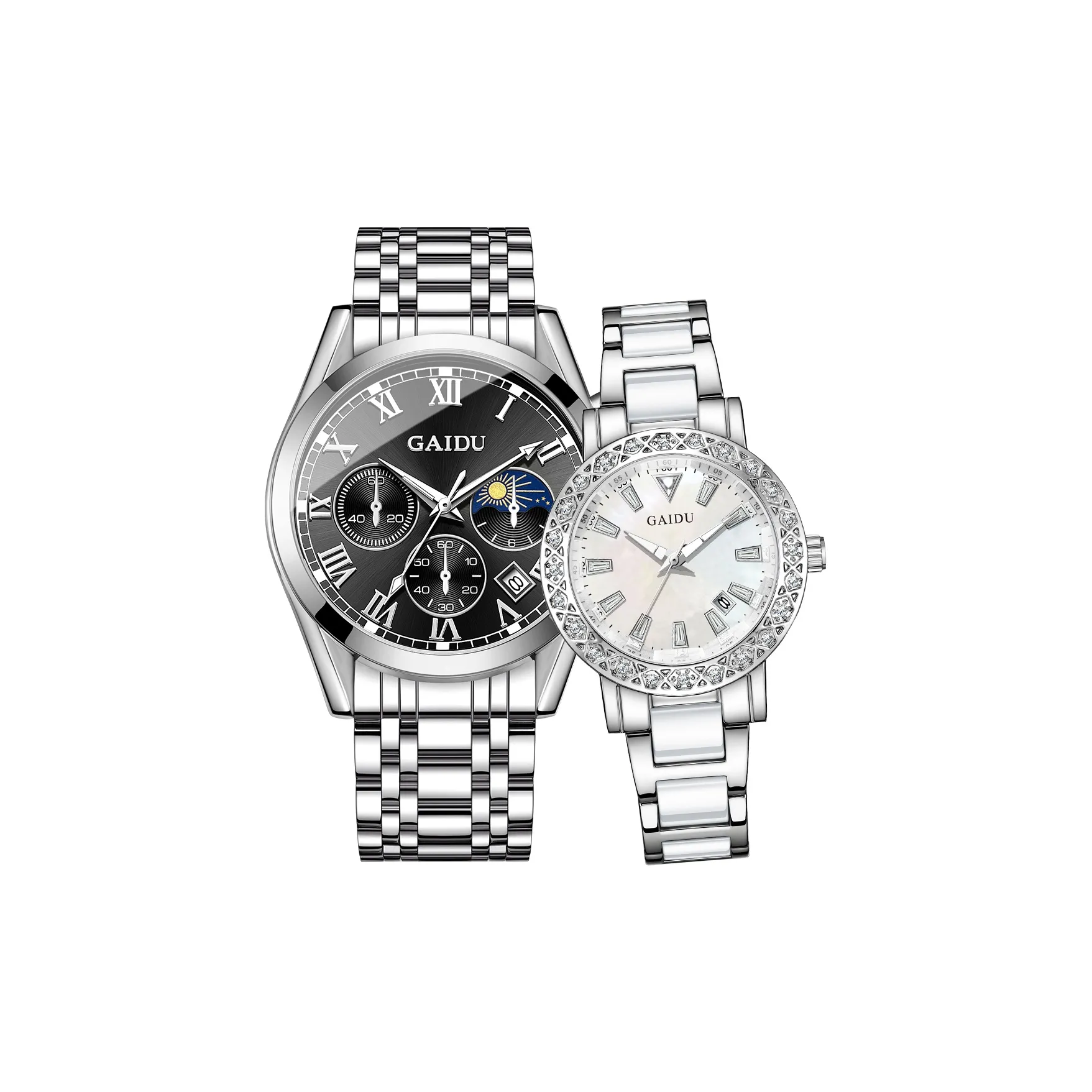 GAIDU Мода Парные Часы Услуга Написания Новогодних Карт Кварцевый Механизм Металлический Ремешок Часы Унисекс Черный Циферблат