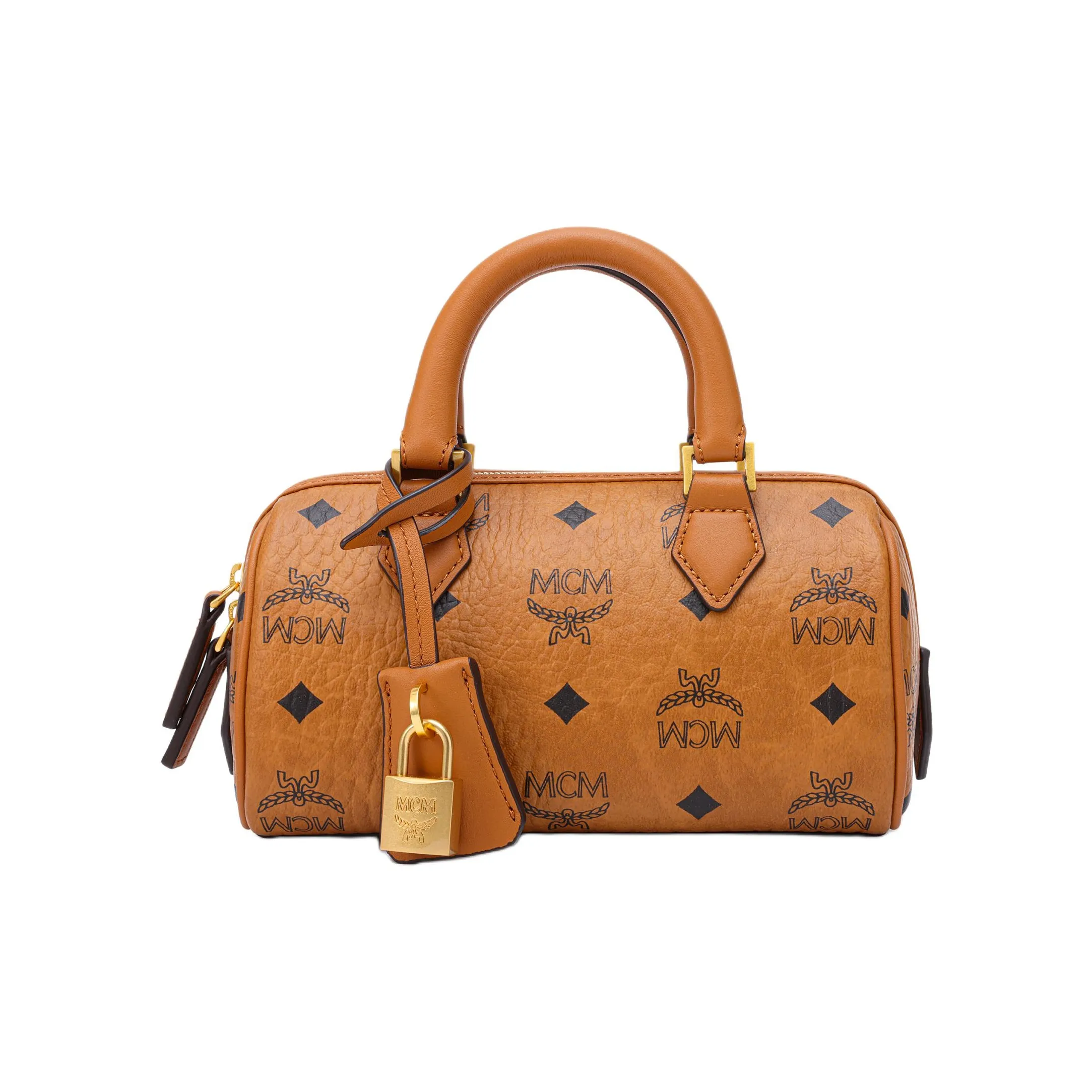 MCM Ella Canvas With Leather Boston Bag, Shoulder Bag, Crossbody Bag, Handbag Mini Women's Brown & Cognac