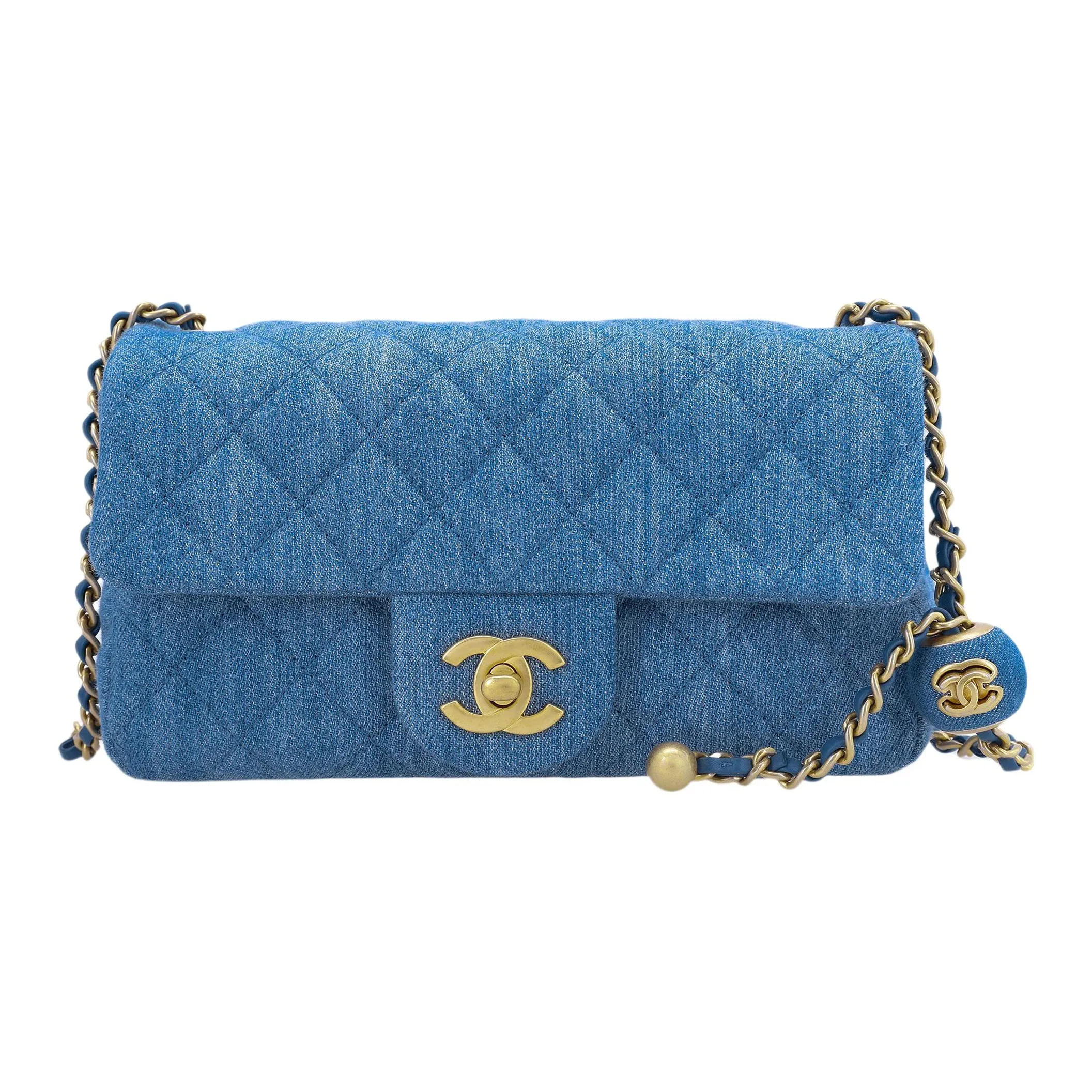 CHANEL Classic Flap CF Small Gold Ball Denim Shoulder Bag, Crossbody Bag Mini Women's Denim Blue