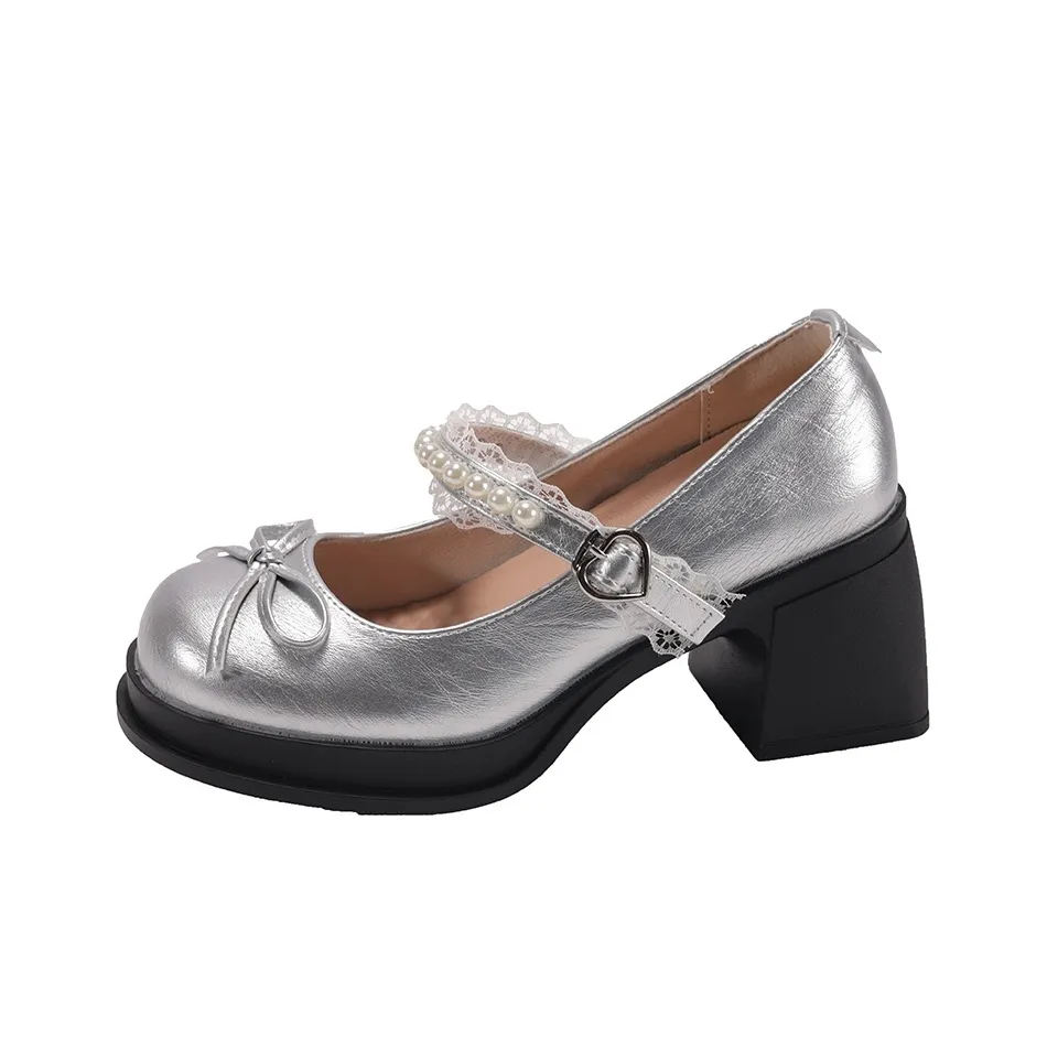 NX DOUGHNUT Грубый каблук Французский Жемчужный бантик Грубый каблук Mary Jane Обувь без подкладки Высокие каблуки Маленький Кожаные туфли Женские