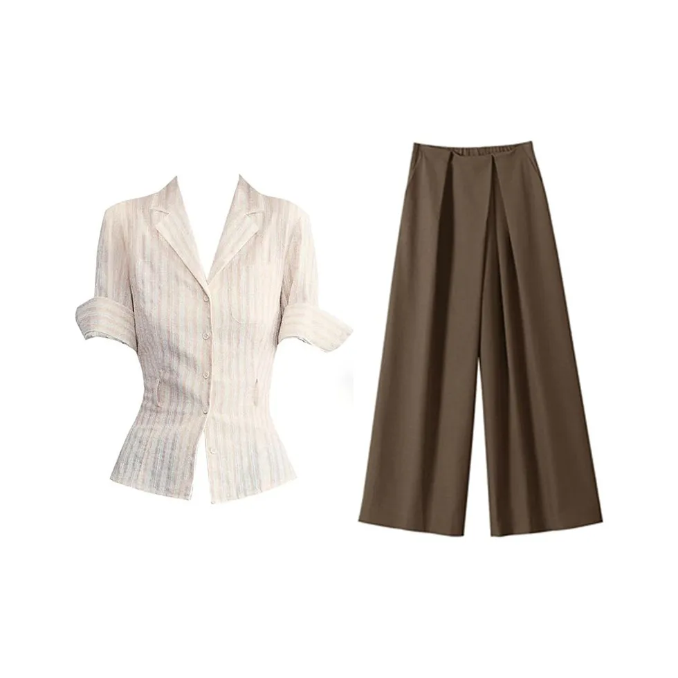 MARIE·COCO Полосы Рубашка+Брюки Женские Повседневные костюмы