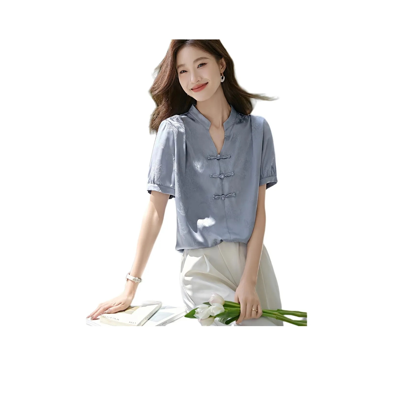 Mo Han Yi Mei Синий цвет морской соли Женские Рубашки