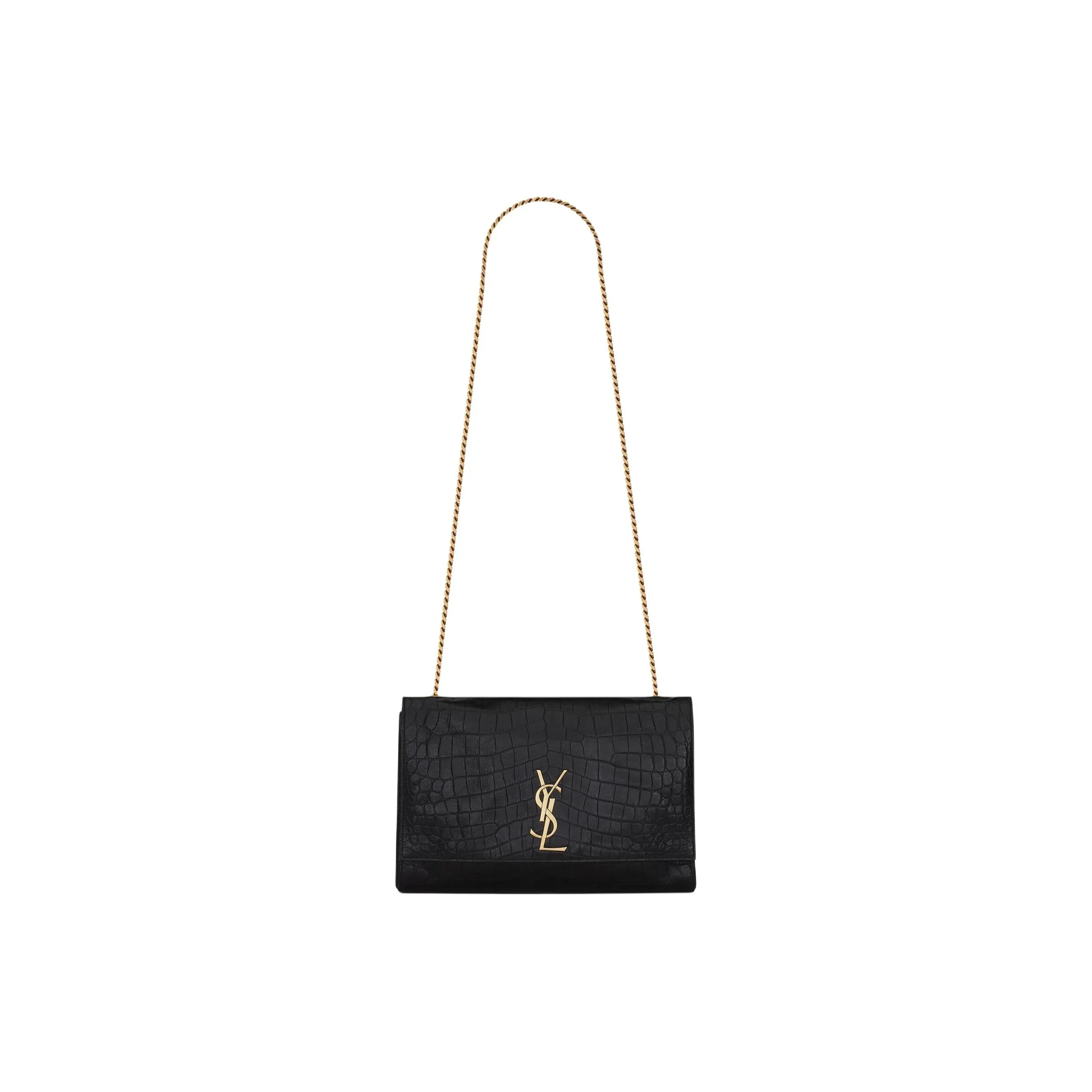 SAINT LAURENT KATE Crocodile Pattern Embossed Cow Leather Crossbody Bags Medium Size Women's Black/Brick