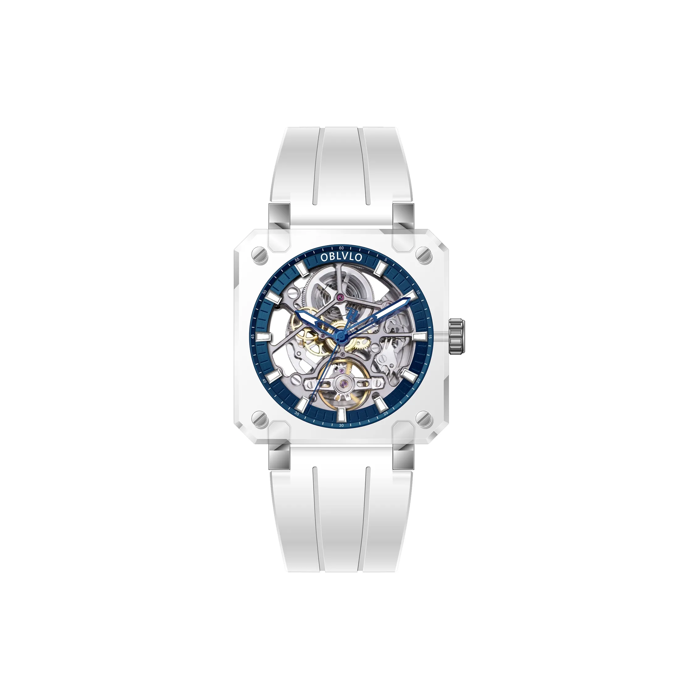 OBLVLO Glacier Collection Автоматический Механический Механизм Резиновый Ремешок Часы Мужские Часы Синий Циферблат