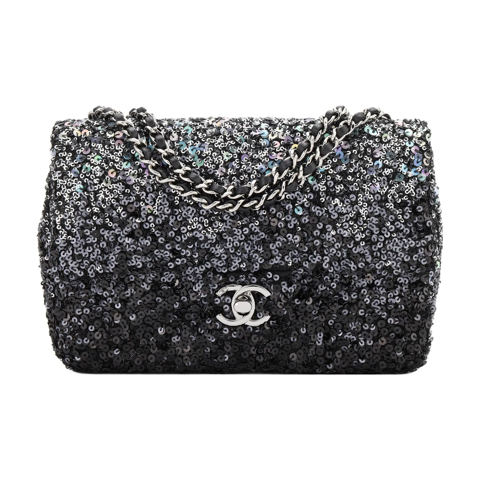 CHANEL Classic Flap CF Leather With Sequins Flap Bag, Crossbody Bag, Shoulder Bag Women's Black Sequins