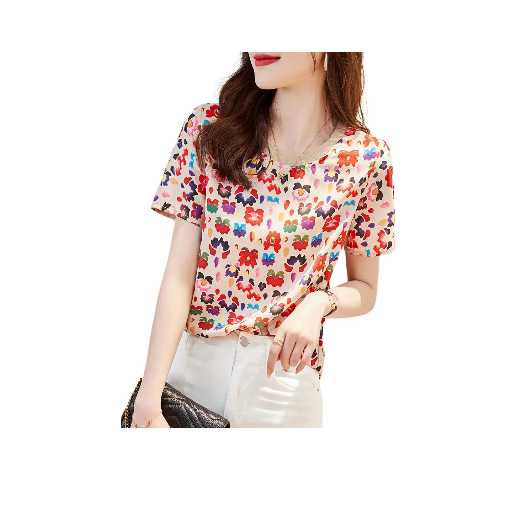 Mo Han Yi Mei Бежевый с красным принтом Женские рубашки