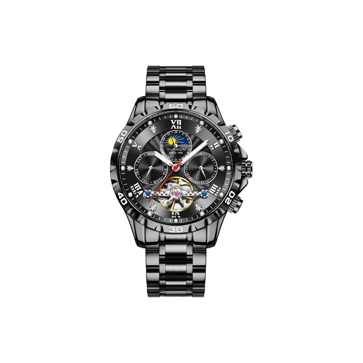 GUANQIN Multifunctional Collection Автоматический Механический Механизм Стальной Ремешок Часы Мужские Черный Циферблат