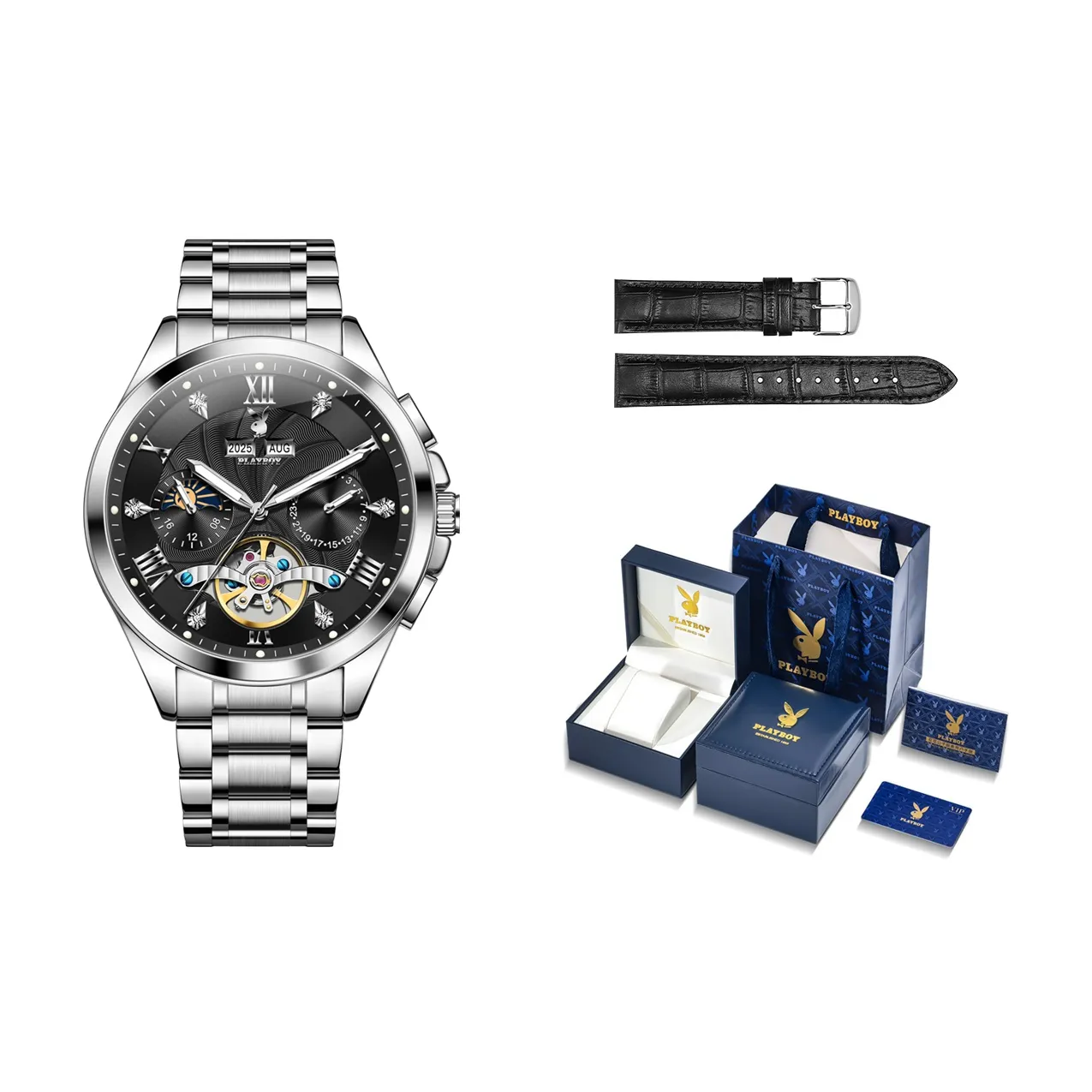 Playboy Автоматический Механический Механизм Нержавеющая Сталь Ремешок Часы Мужские Черный Циферблат