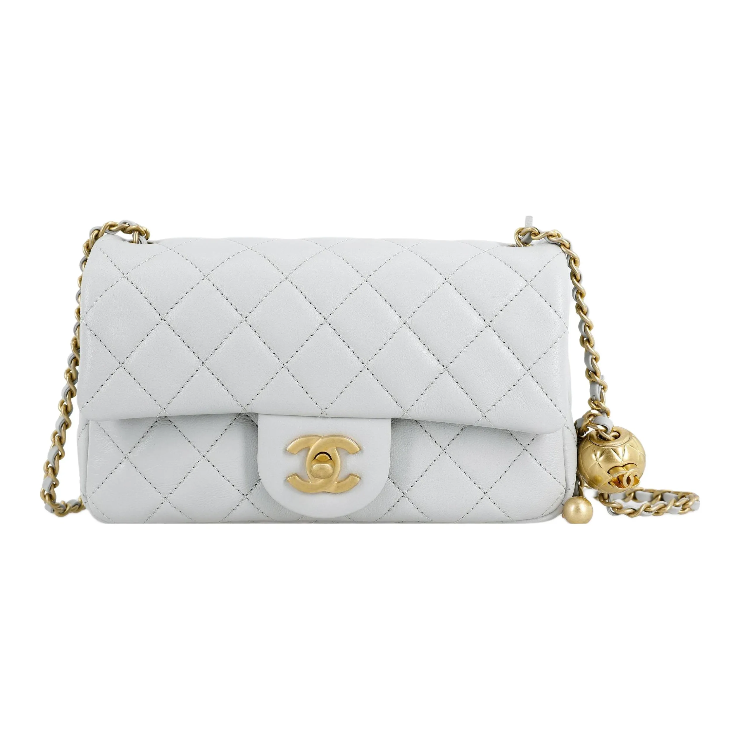CHANEL Small Gold Ball Classic Flap CF Sheepskin Small Square Bag, Shoulder Bag, Crossbody Bag Mini Women's Light Gray