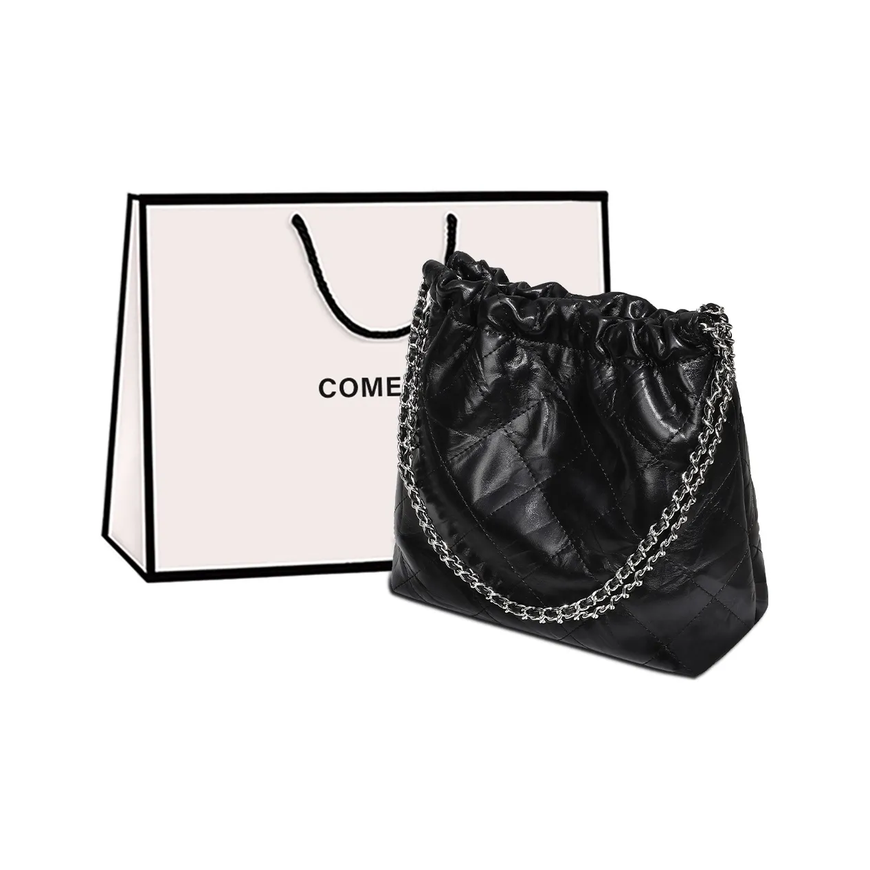 COMELY Cow Leather With Synthetic Leather Bucket Bag, Chain Bag, Trash Bag, Crossbody Bag, Shoulder Bag Women's Black