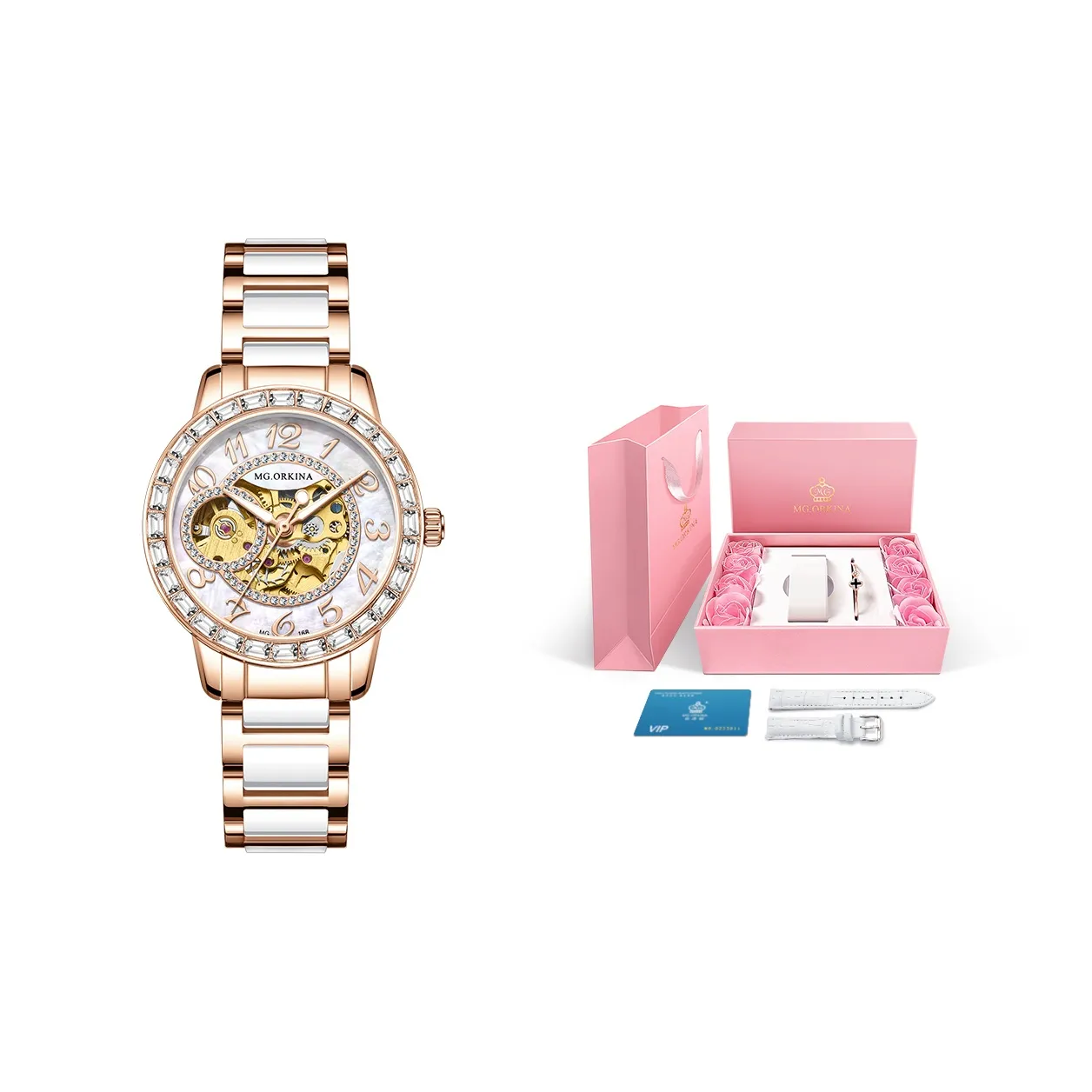 MG.ORKINA MG Механический механизм ремешок из нержавеющей стали женские часы белый циферблат