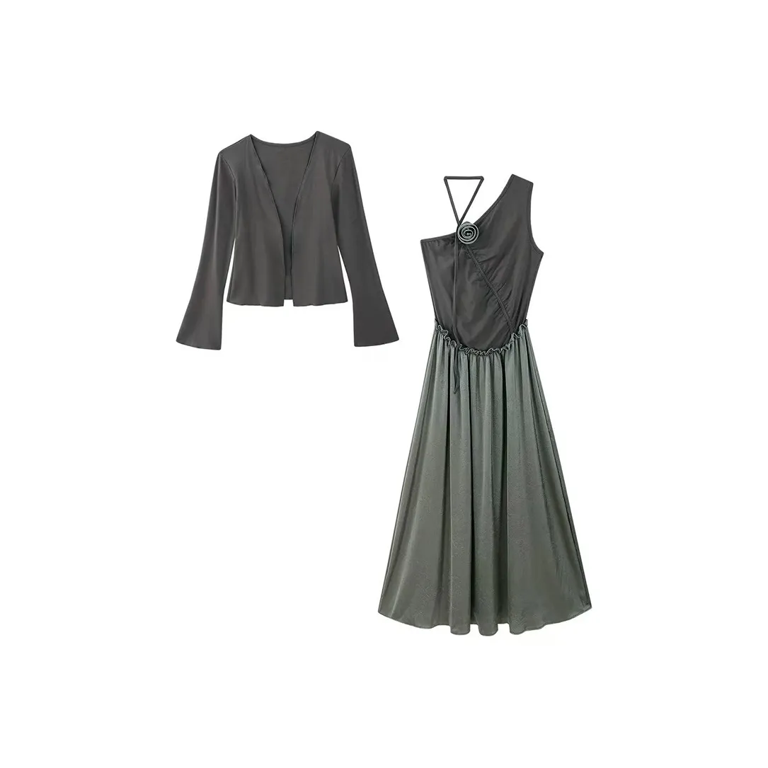 SYEEE WITH U Серый Черный Трикотажная Ткань Кардиган + Высокая Талия Черное Платье, Одежда Комплекты Женские Юбка Комплекты