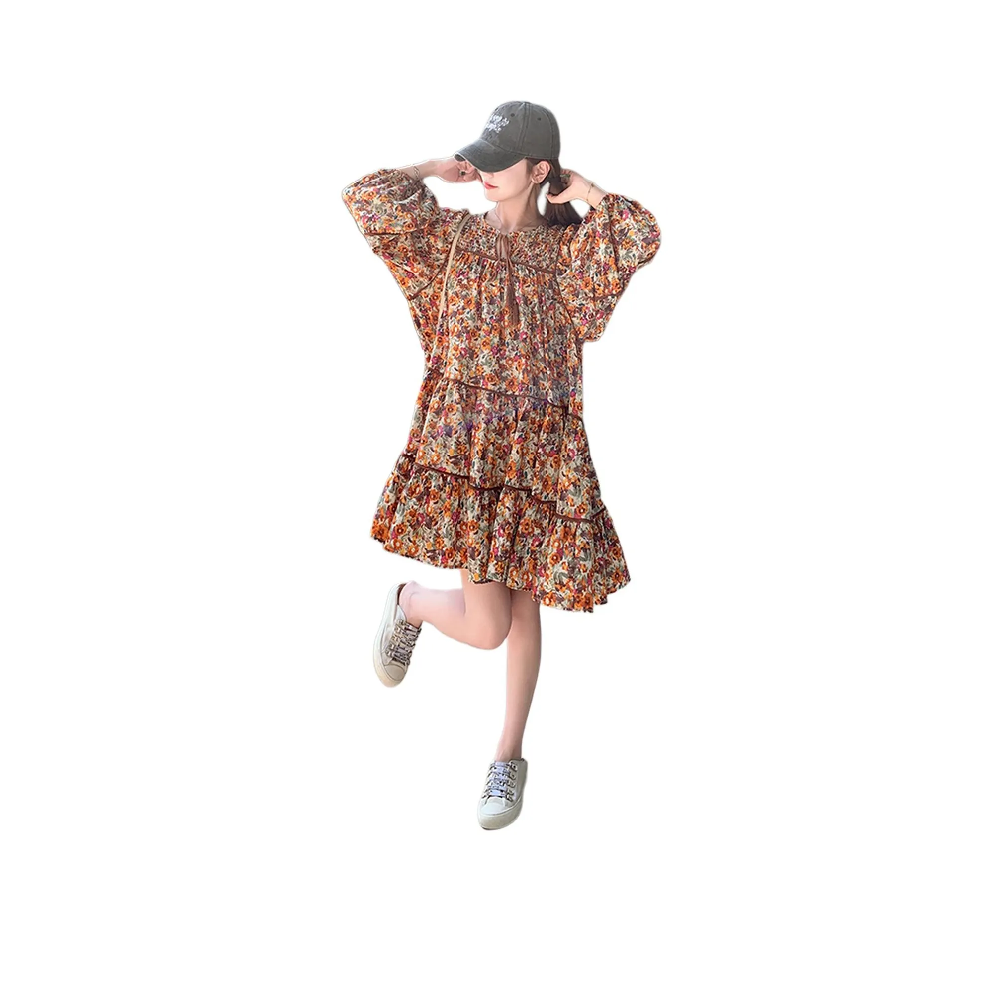 Wbwq Long Sleeved Dress Women's Coffee Floral