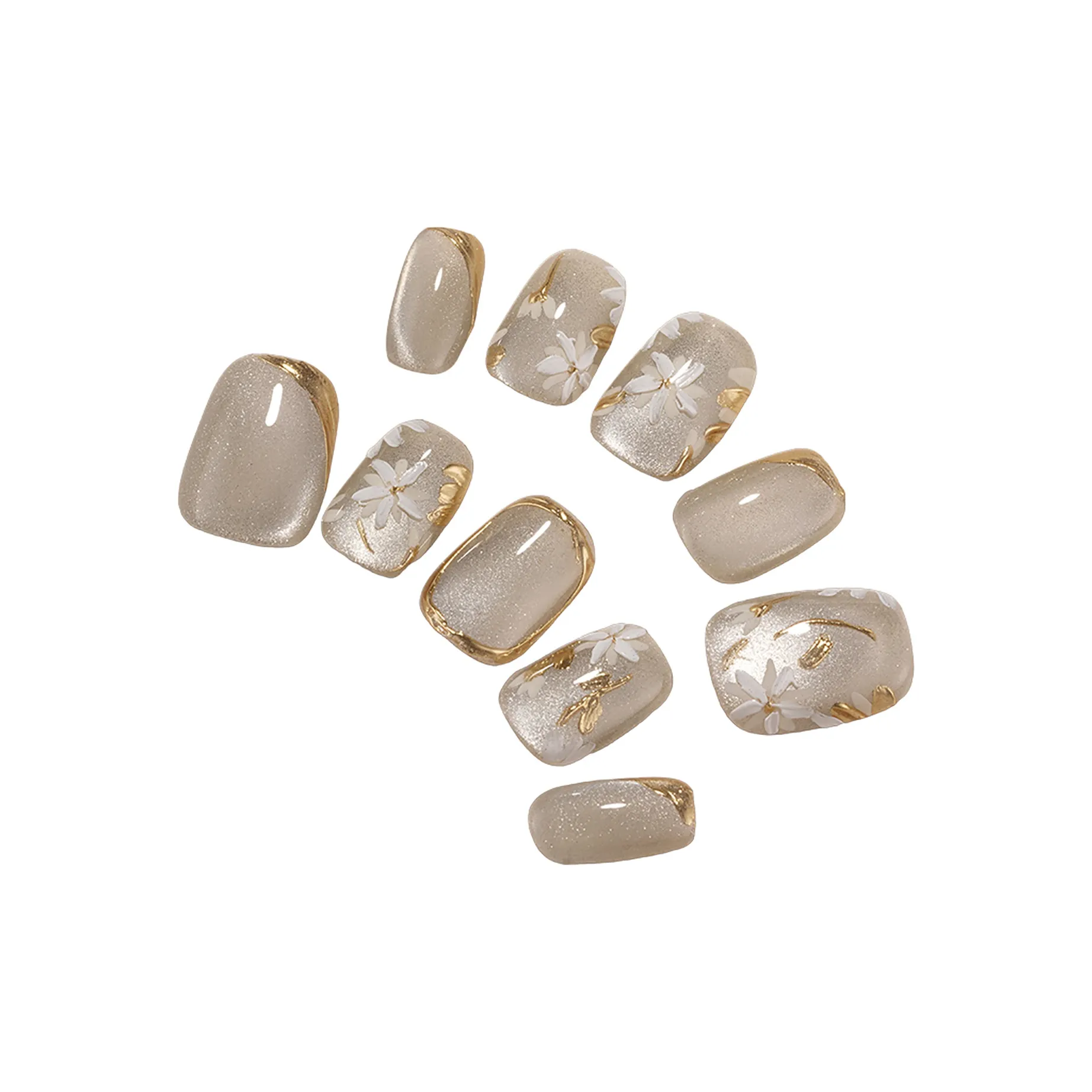 OEING Handcrafted False Nail MID Длина Белый Золото Edge Кошачий глаз Градиентный Китайский стиль