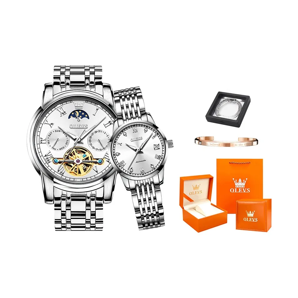 OLEVS Heart to Heart Knot Collection Механический механизм Ремешок из нержавеющей стали Часы Унисекс Белый циферблат