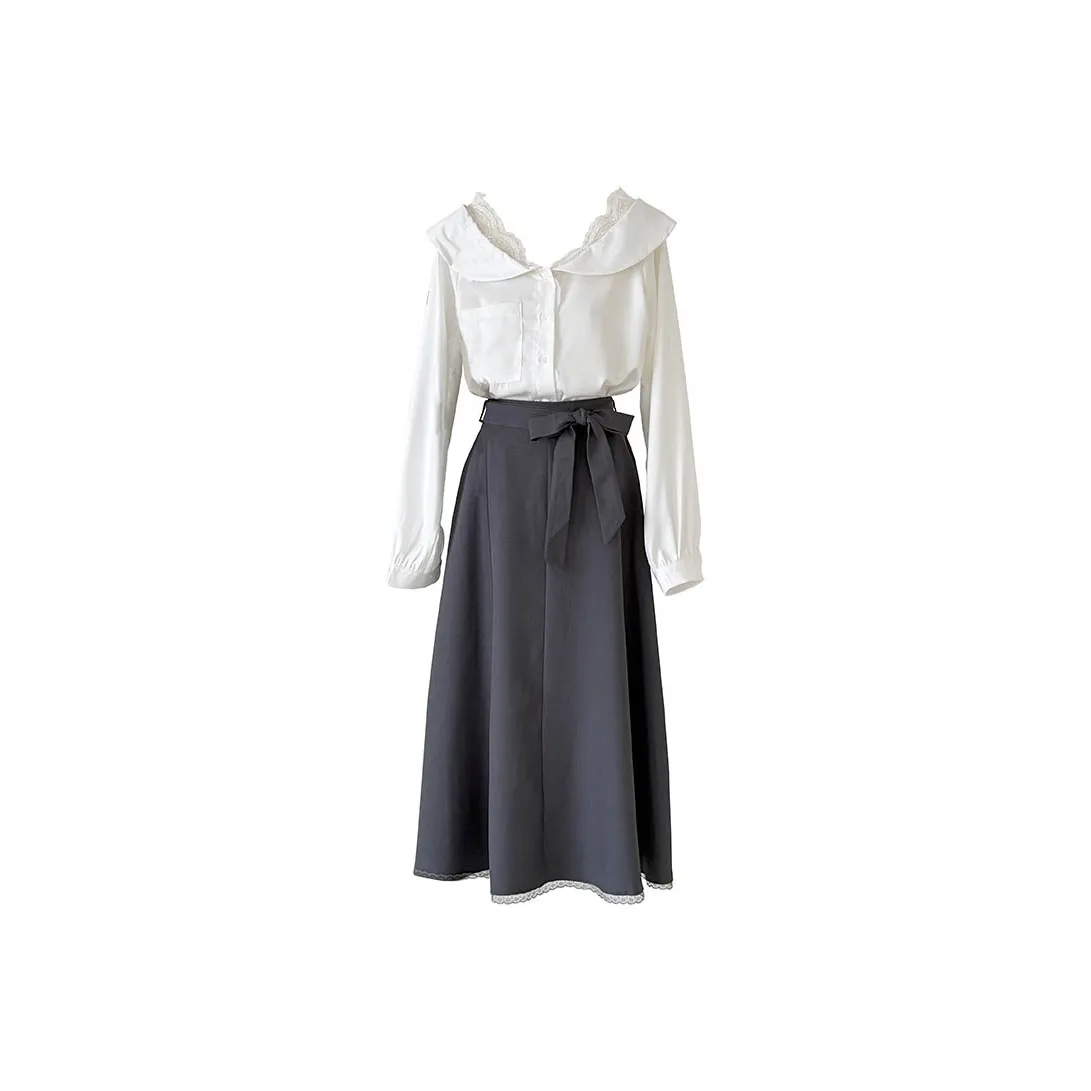 SYEEE WITH U Белая длинная рубашка с длинным рукавом + серая юбка, комплект одежды, женские юбочные комплекты