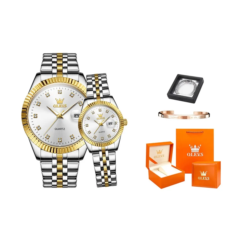 OLEVS Классические и Элегантные Парные Часы Кварцевый Механизм Нержавеющая Сталь Ремешок Часы Унисекс Белый Циферблат