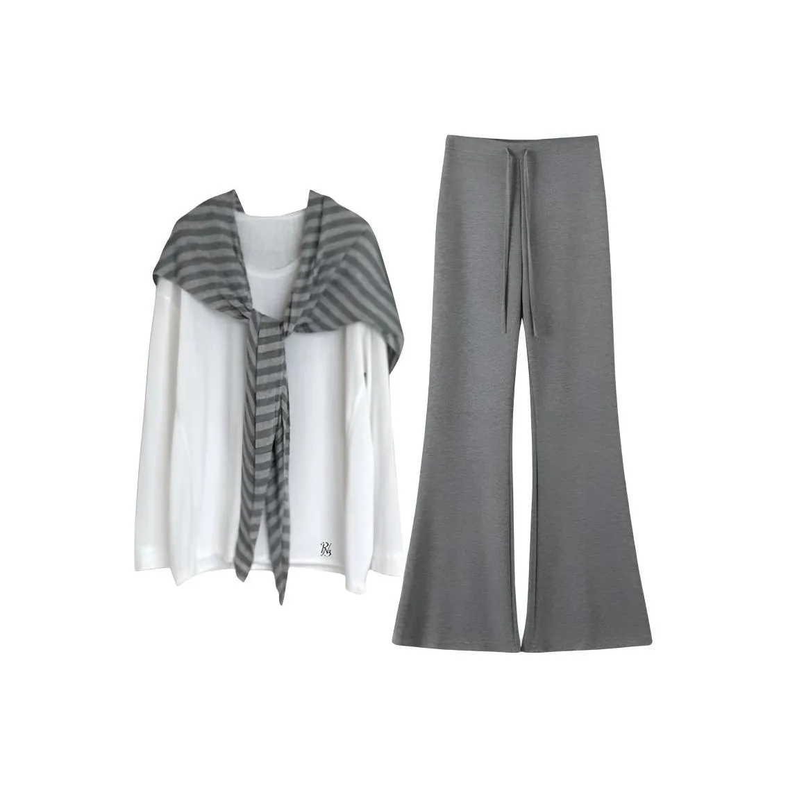 PNVB Белый Круглый вырез Длинный рукав Топ + Полосатая Шаль + Серые Штаны Женские Повседневные Костюмы