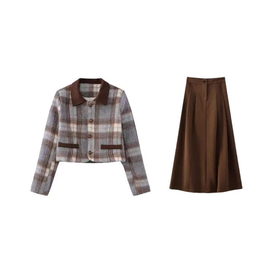 GORGEOUSIDEA Клетчатая куртка + коричневая длинная юбка, женский комплект с юбкой