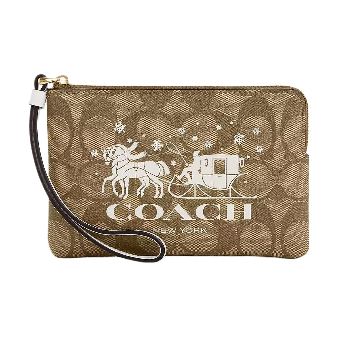 COACH Corner Zip Coated Canvas With Smooth Leather Clutch Women's Gold & Khaki & Chalk