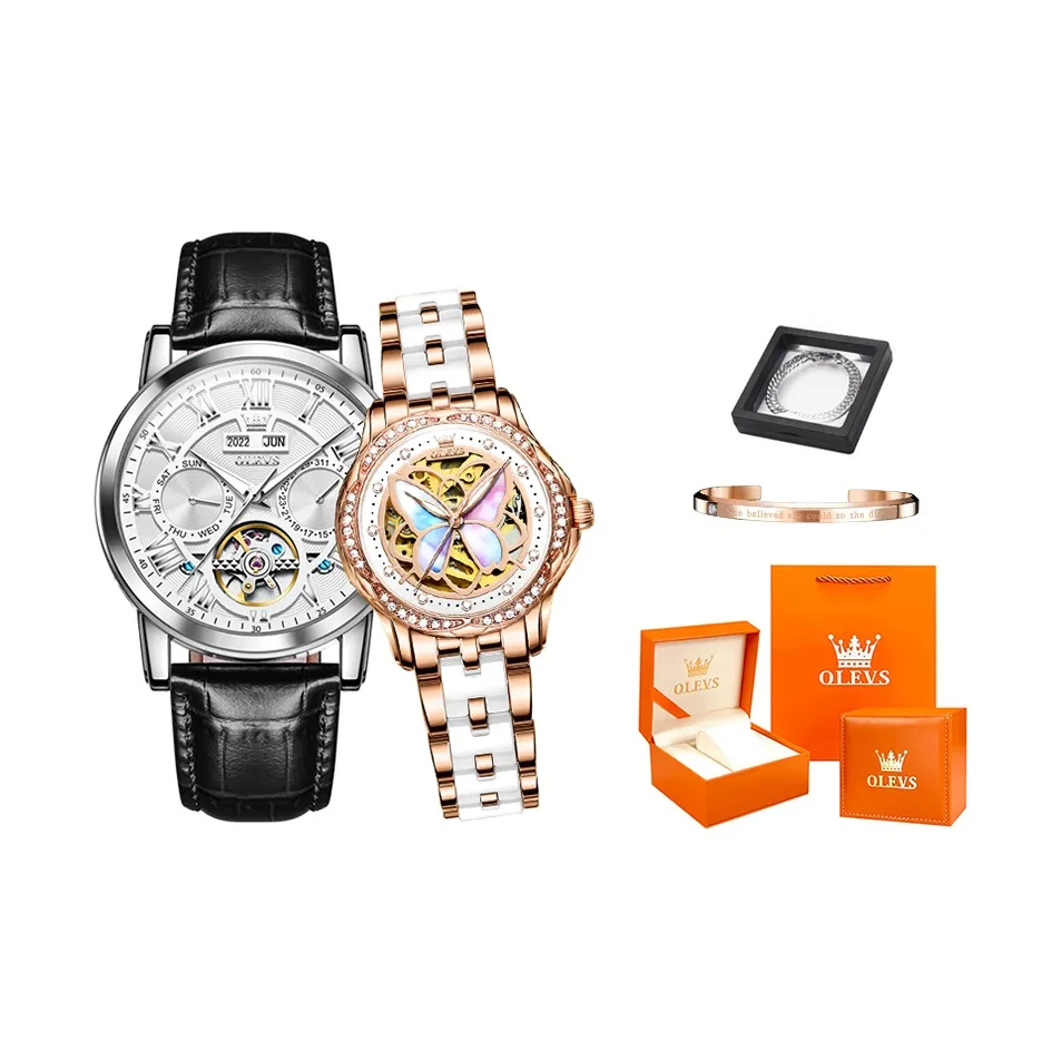 OLEVS Mechanical Movement Stainless Steel Watchband Watch Unisex White Dial