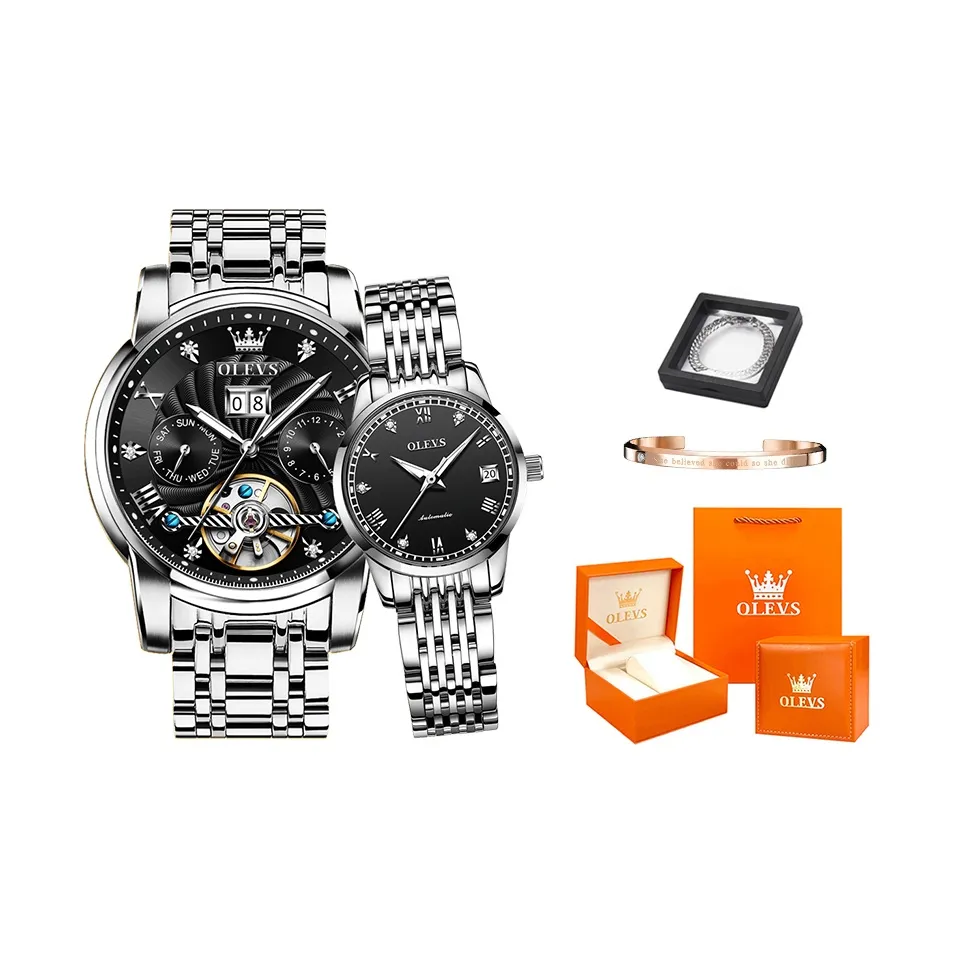 OLEVS Heart to Heart Knot Collection Mechanical Movement Stainless Steel Watchband Watch Men's Watches Black Dial