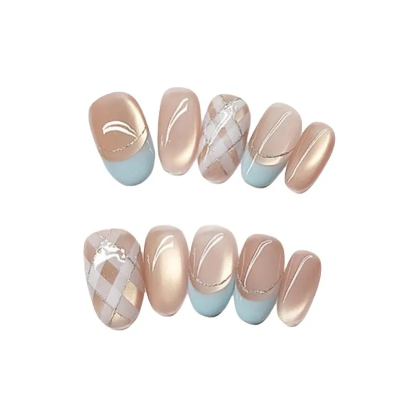 OEING 2025 Ручной Nail Art Искусственный Ногтик Короткий Квадратный и Круглый Синий Блестки Блестящий Градиент