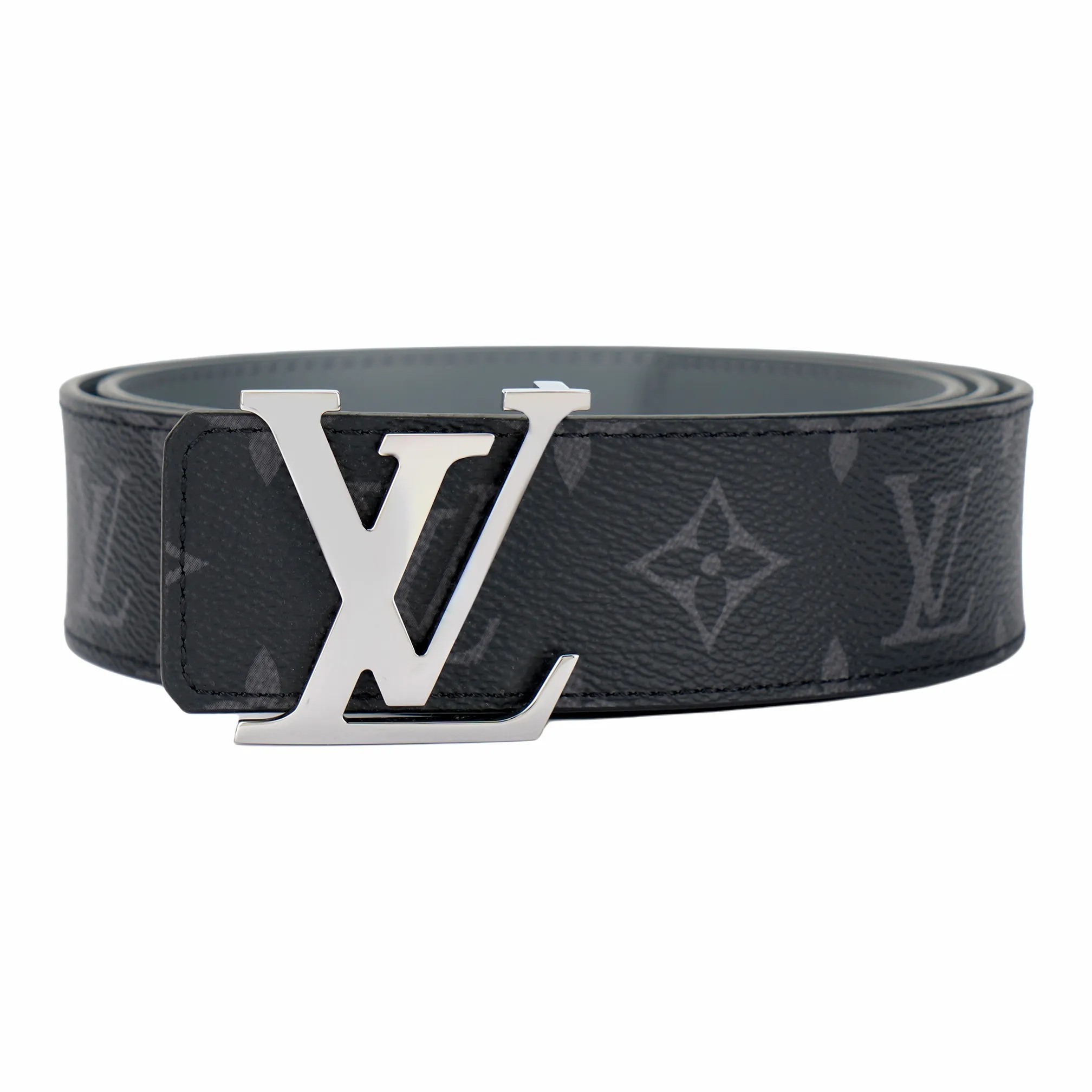 LOUIS VUITTON Cow Leather Leather Belts Men's Black/Gray Width: 4cm