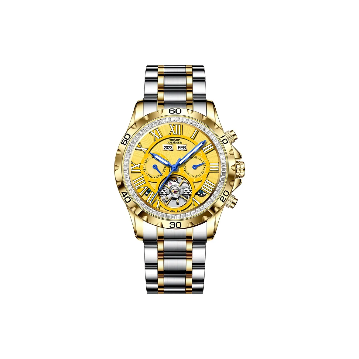 HAEMMER Автоматический Механический Механизм Нержавеющая Сталь Ремешок Часы Мужские Черный Циферблат