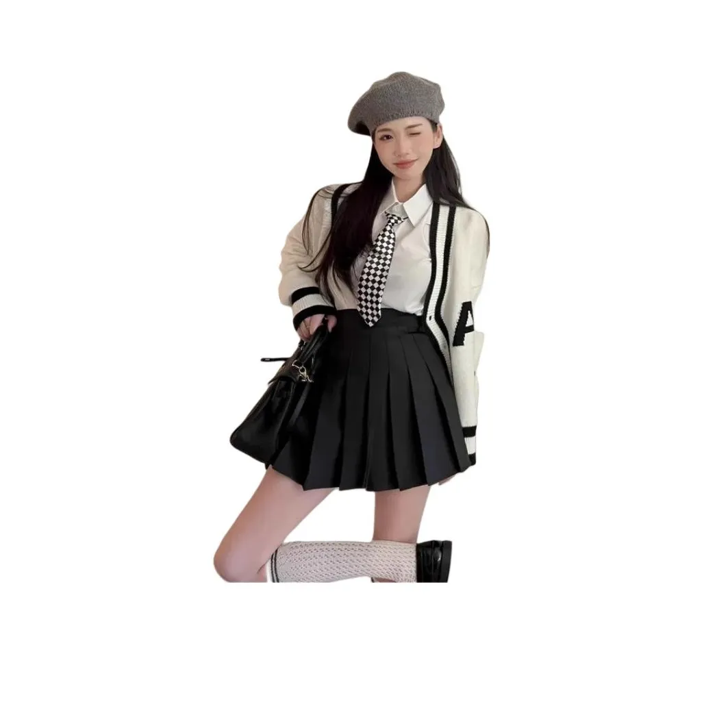 MUQINGQING Белая рубашка + галстук + юбка с оборками + свитер женские комплекты с юбкой