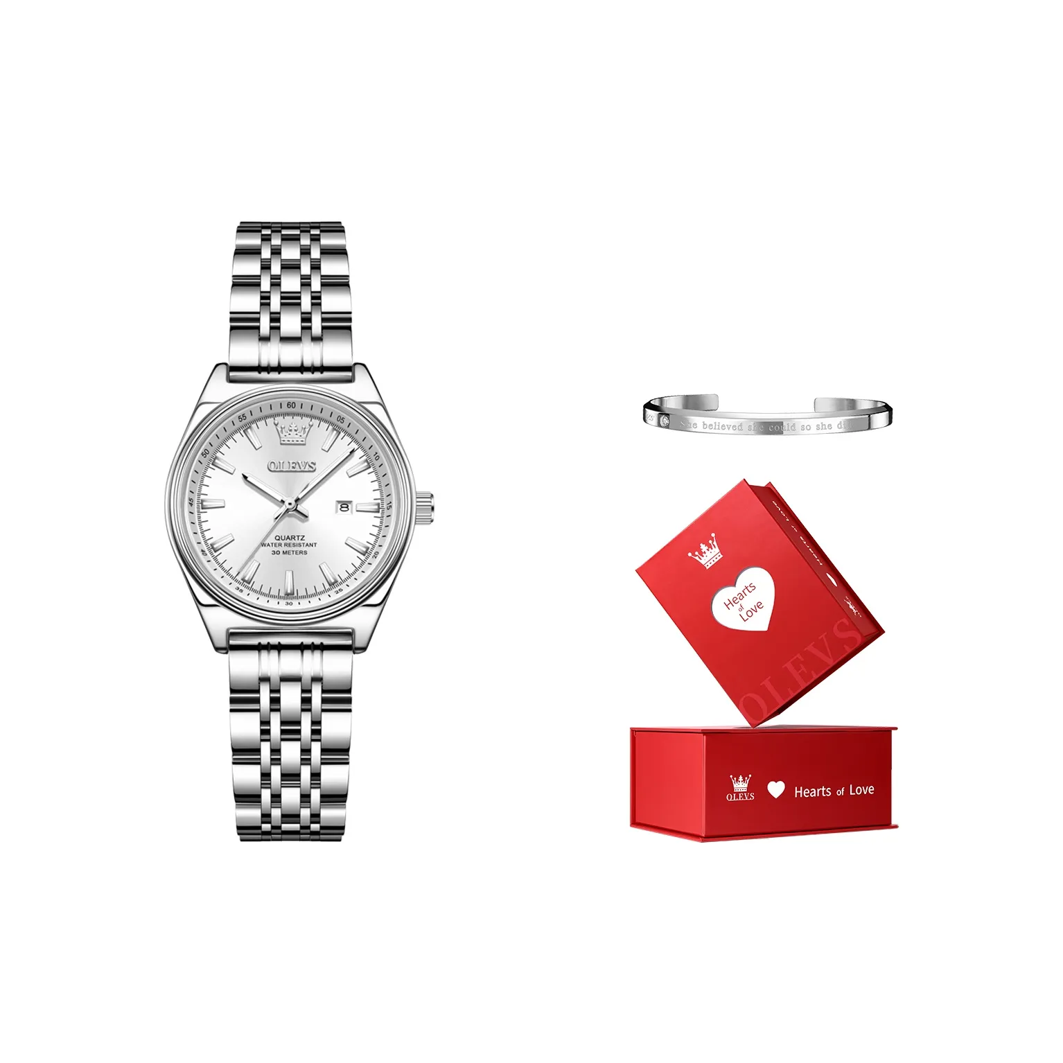OLEVS Кварцевый механизм нержавеющая сталь ремешок часы женские серебристый циферблат