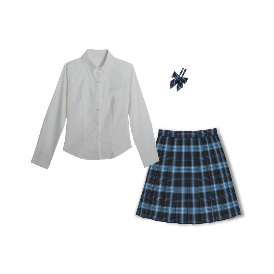 Одежда Sets Длинный рукав Облегающий крой Рубашка + Маленькая синяя Юбка + Галстук-бабочка Женская Униформа