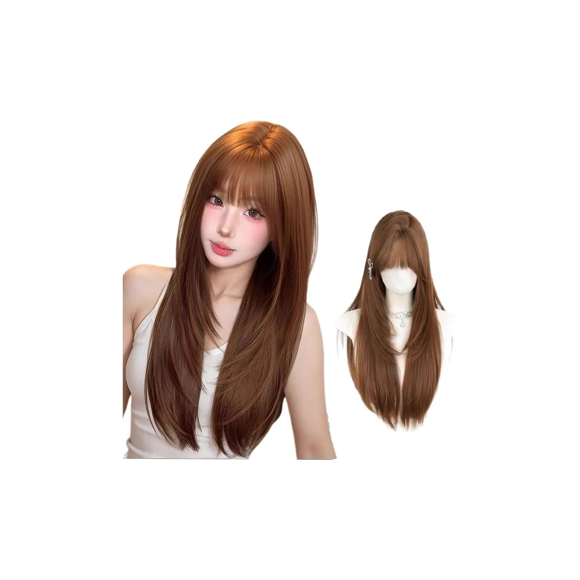 UMIFFA Медовый оранжевый Высокий уровень Прямые волосы с ровными челками Женская парик Sugar Тепло-коричневый Высокая температура Пряжа