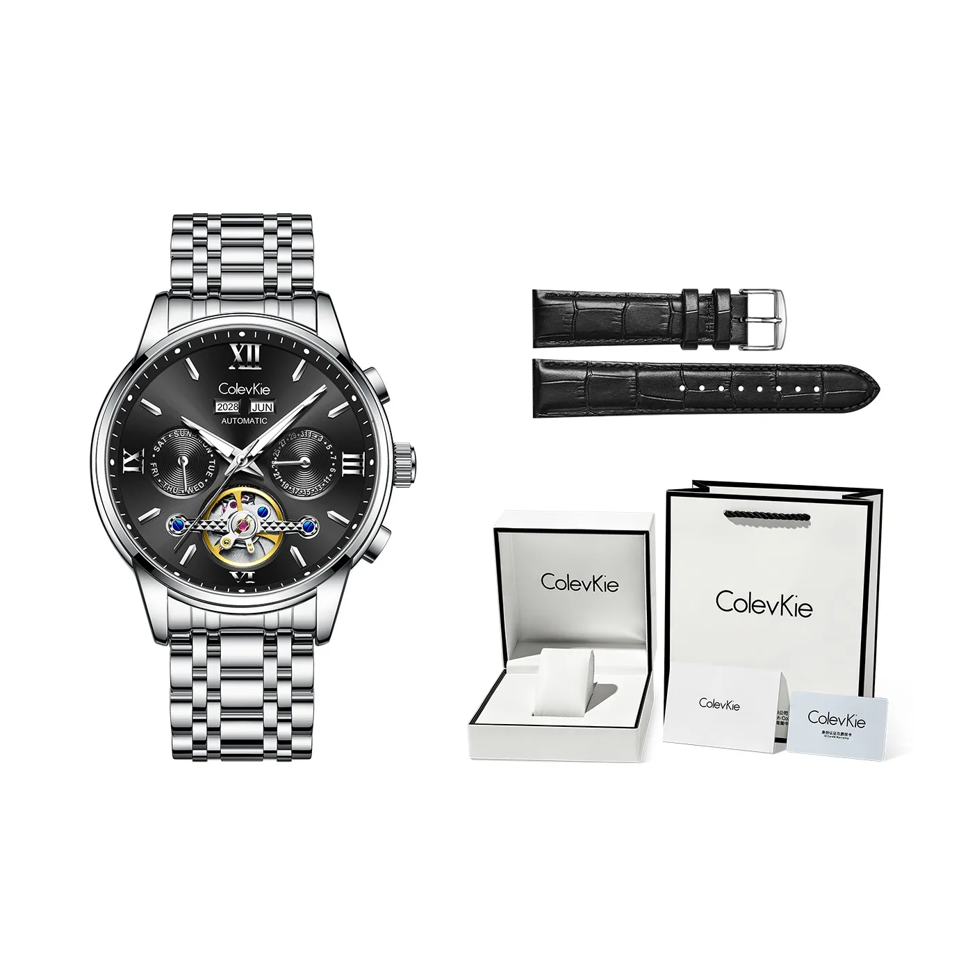 ColevKie Automatic Mechanical Movement Stainless Steel Watchband Men's Watches Black Dial