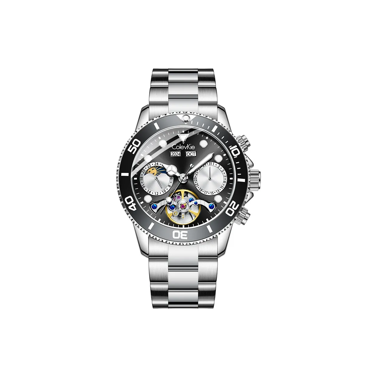 ColevKie Автоматический Механический Механизм Стальной Ремешок Мужские Часы Зеленый Циферблат