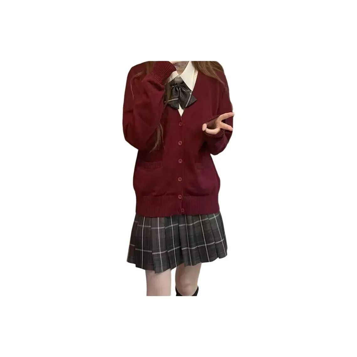 Mu Qingqing Белая рубашка + Галстуки-бабочки + Дымчато-серая юбка + Бургунди куртка - Набор из трех предметов Женские юбочные комплекты