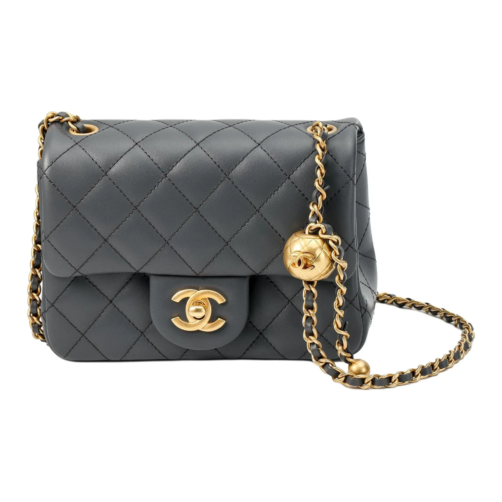 CHANEL Lambskin Gold Ball Bag, Chain Bag, Shoulder Bag, Crossbody Bag Mini Women's Dark Gray Gold Bead