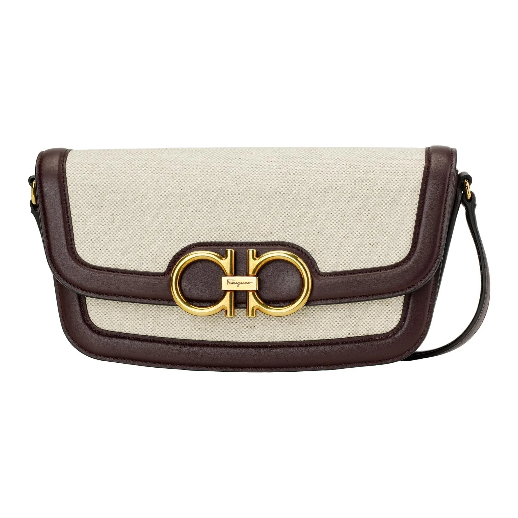 FERRAGAMO Cotton Linen Blend Canvas With Calfskin Shoulder Bag, Crossbody Bag Small Women's