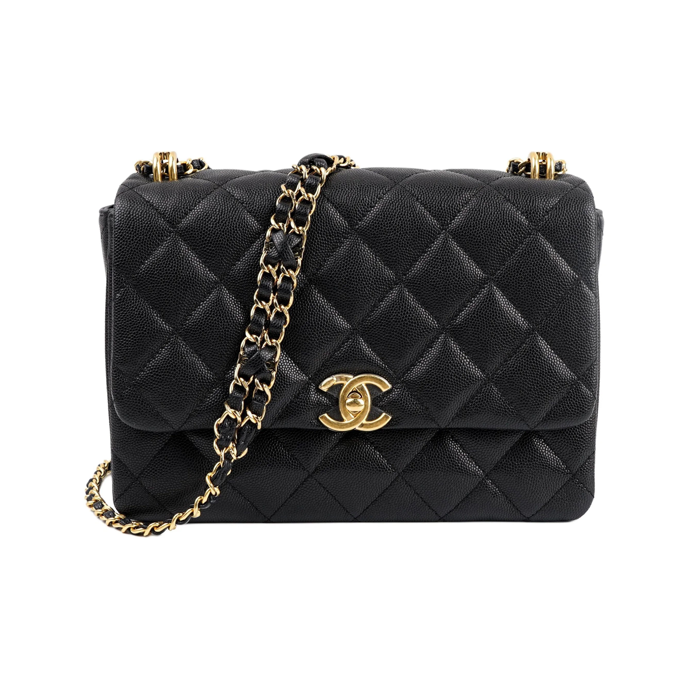 CHANEL 22K Autumn And Winter Litchi Cow Leather Flap Bag, Shoulder Bag, Crossbody Bag Women's Black