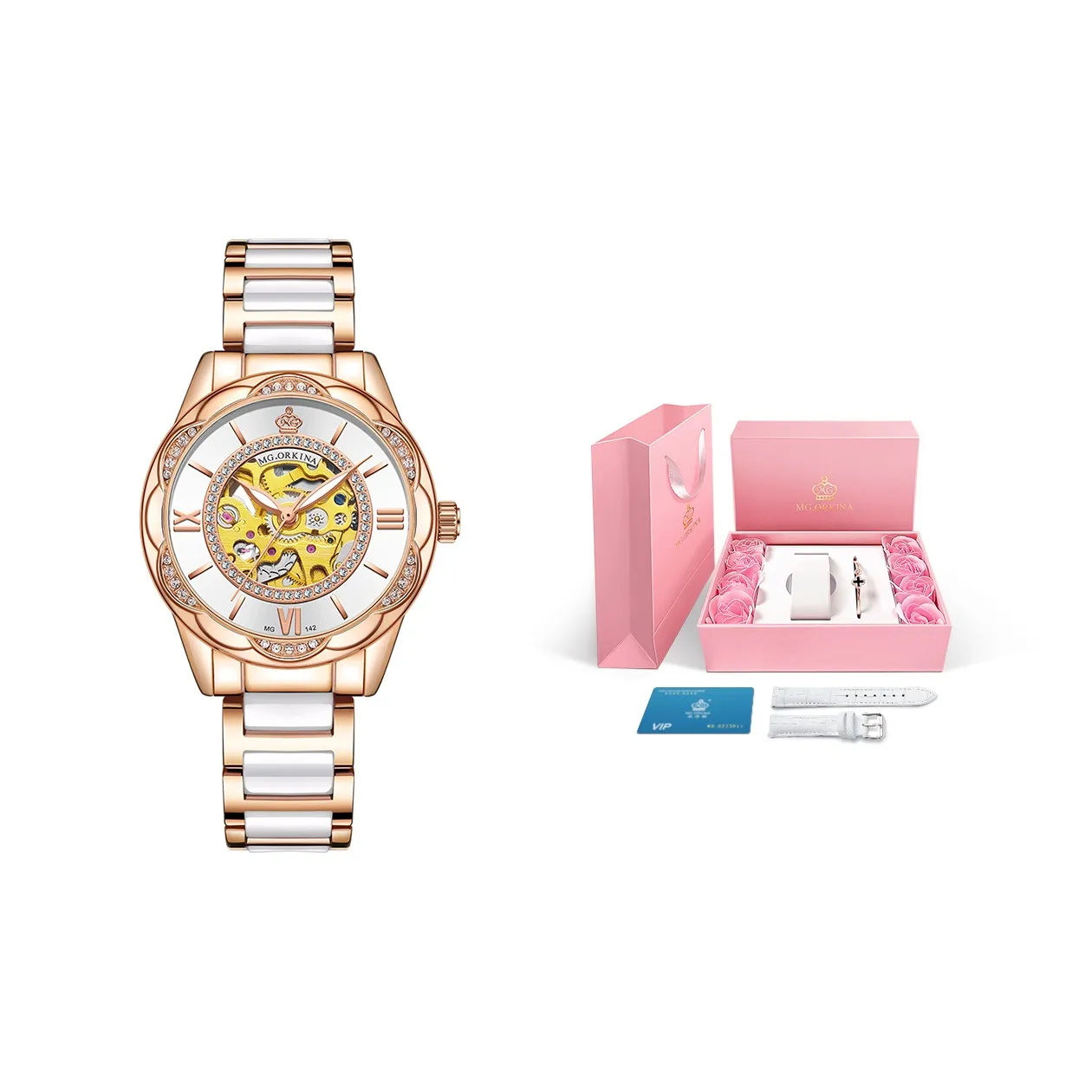 MG.ORKINA MG Механический механизм нержавеющая сталь керамический ремешок женские часы белый циферблат