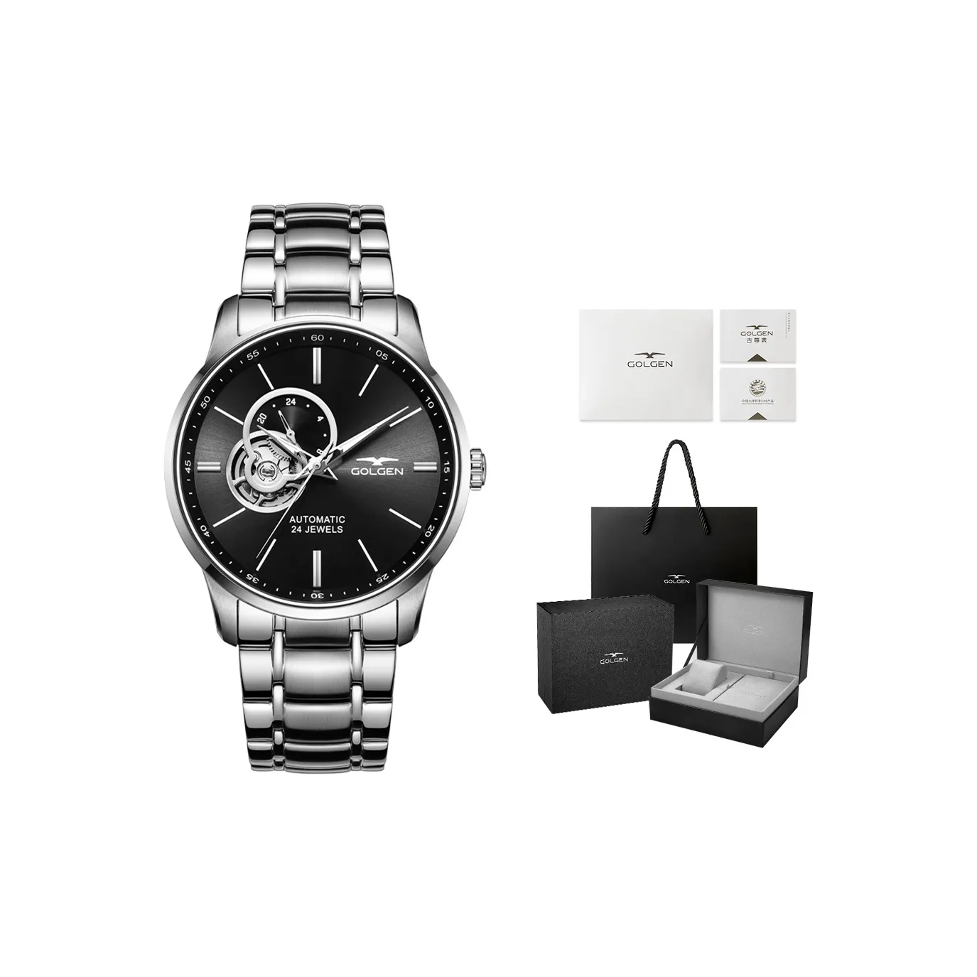 GOLGEN Smart Collection Mechanical Movement Stainless Steel Watchband Watch Men's Watches Black Dial