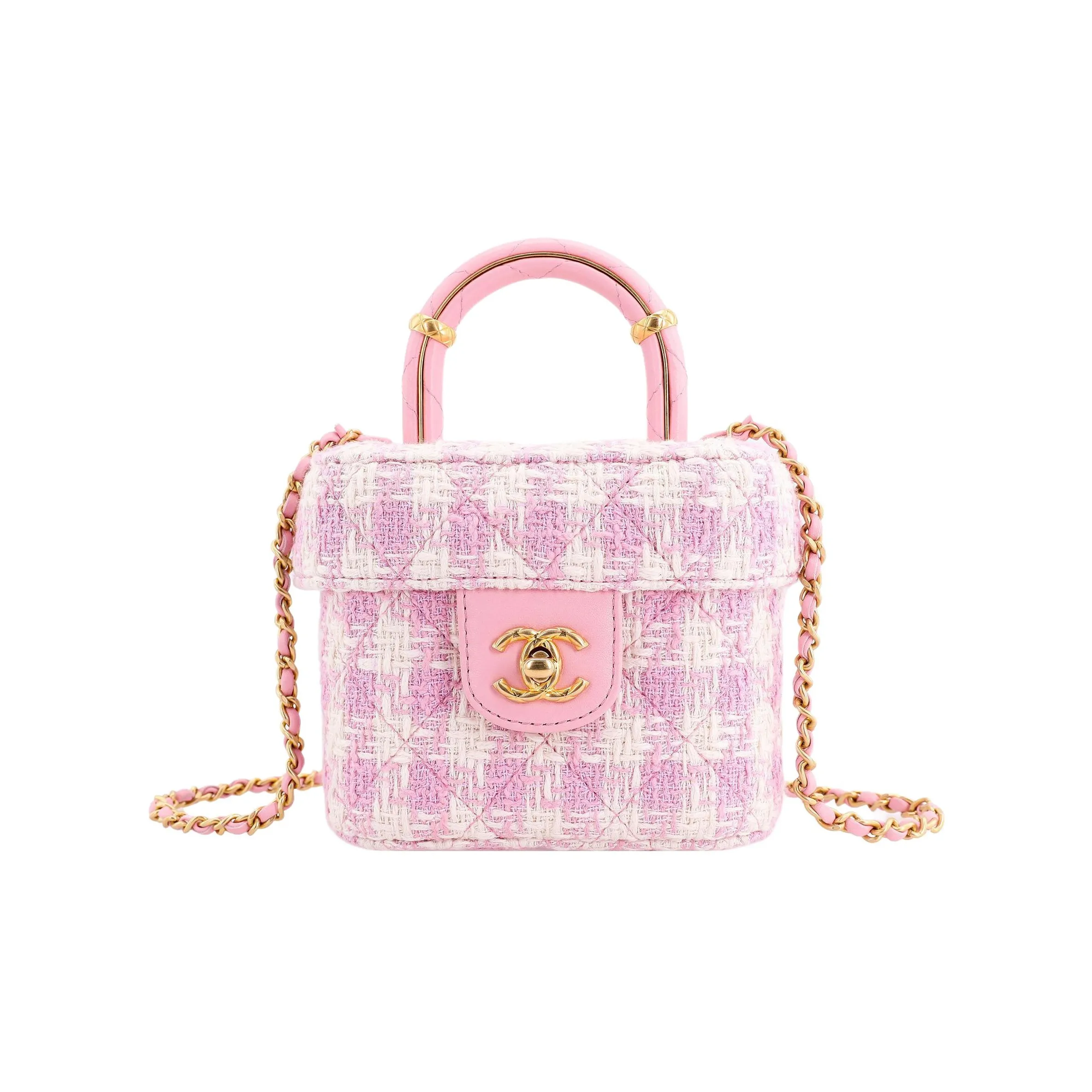 CHANEL Lambskin With Tweed Portable One Shoulder Crossbody Makeup Bag Trumpets Women's Pink/White