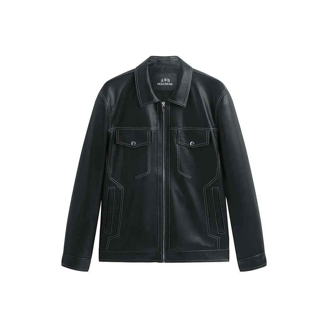 PEACEBIRD MEN Цветовой блок PU кожа Куртка с видимым швом Мужской