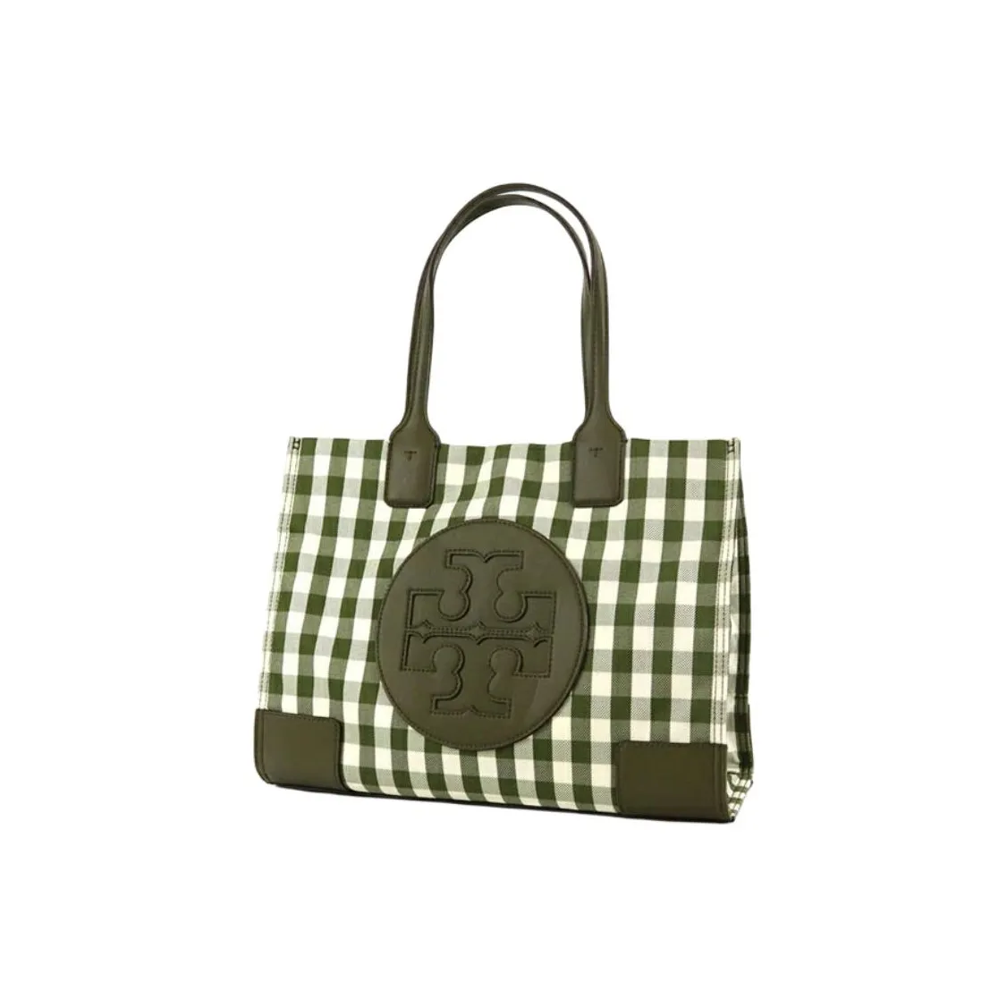 TORY BURCH PU Leather Tote Bag, Shopping Bag, Handbag Mini Women's Olive Green & Ivory White Plaid