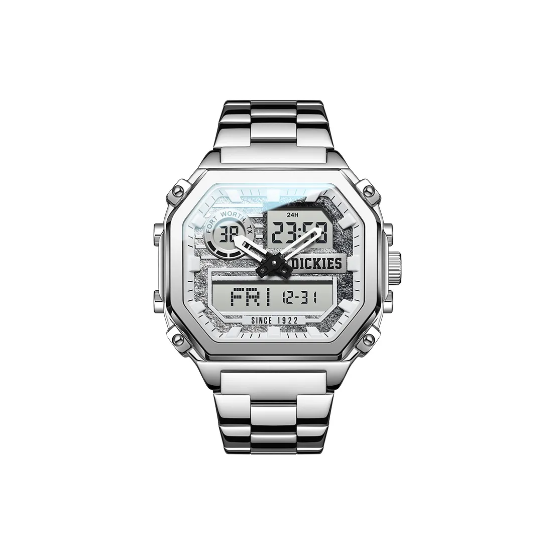 Dickies Dual Display Small Block Наручные часы Кварцевый механизм Стальной Силиконовый ремешок Серебристый циферблат Унисекс Ограниченная серия Коробка